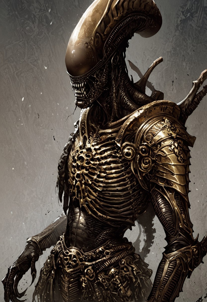 score_9, score_8_up, score_7_up, score_6_up, score_5_up, score_4_up,<lora:Fant5yP0ny:0.8>, xenomorphic creature from Lords of the Fallen, black templar armor, gold sword of Pieta, solo, gold eyes, blood on face, art by hr giger, ornamental armor