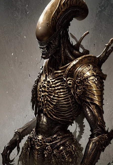 score_9, score_8_up, score_7_up, score_6_up, score_5_up, score_4_up,<lora:Fant5yP0ny:0.8>, xenomorphic creature from Lords of the Fallen, black templar armor, gold sword of Pieta, solo, gold eyes, blood on face, art by hr giger, ornamental armor