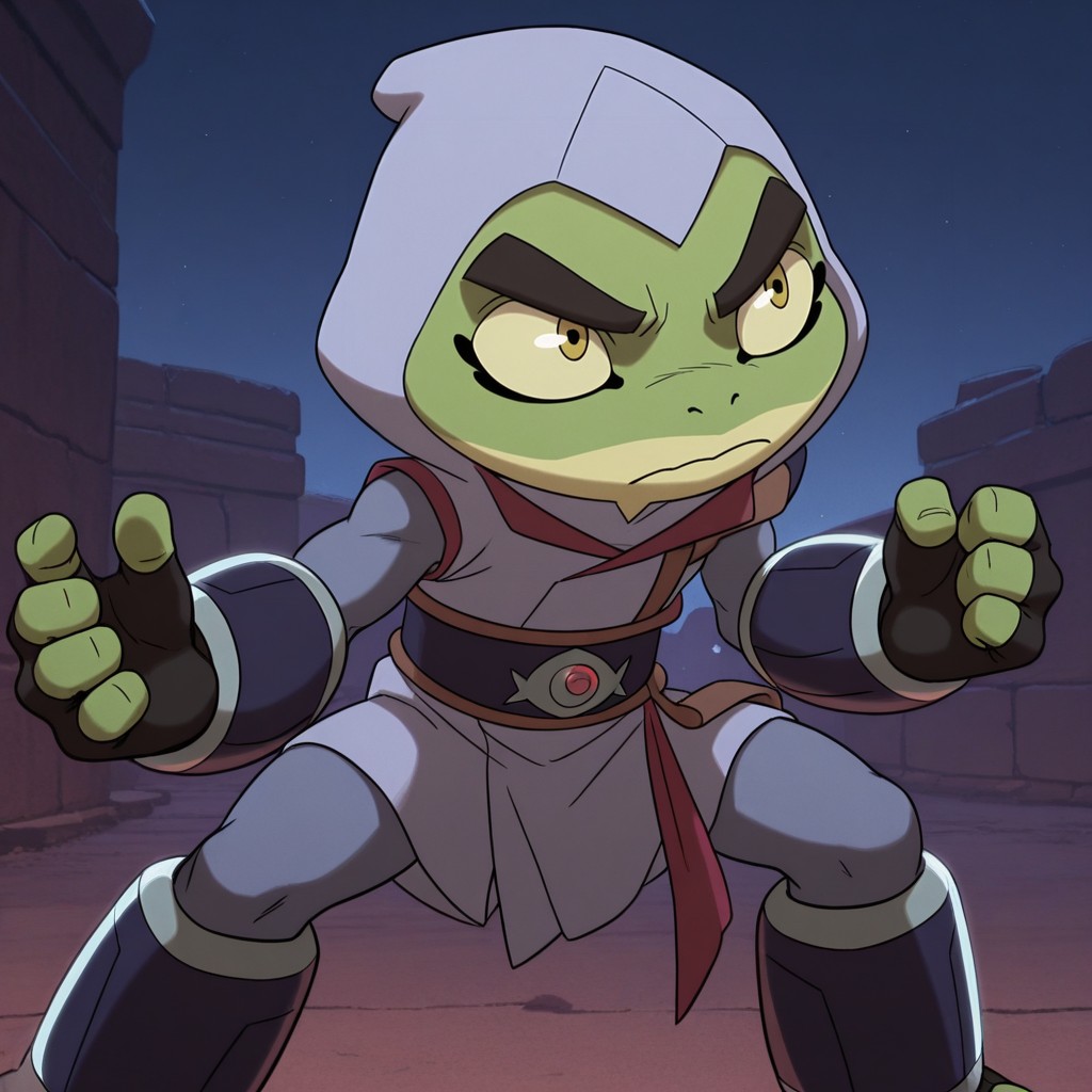 masterpiece, best quality, amazing quality, bu11fr0g, male, furry male, anthro, solo, frog, green skin, two-tone skin, yellow sclera, black pupils, eyelashes, nostrils, 4 toes, grey hood, red collar, grey robes, shoulder pad, red sash, blue belt, emblem, fingerless gloves, armguards, leg guards, fight stance, serious, outdoors, night