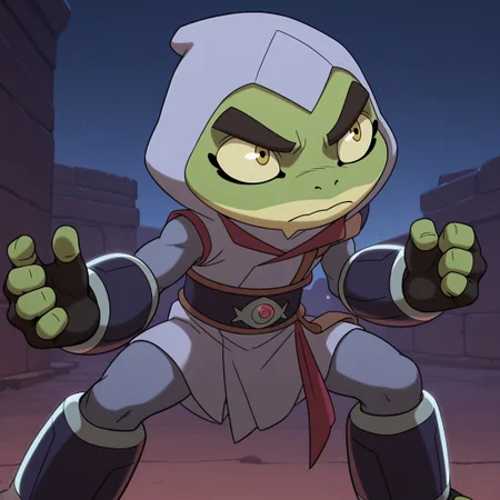masterpiece, best quality, amazing quality, bu11fr0g, male, furry male, anthro, solo, frog, green skin, two-tone skin, yellow sclera, black pupils, eyelashes, nostrils, 4 toes, grey hood, red collar, grey robes, shoulder pad, red sash, blue belt, emblem, fingerless gloves, armguards, leg guards, fight stance, serious, outdoors, night