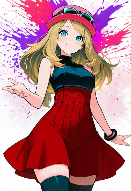 (masterpiece, best quality, good quality, very aesthetic, absurdres, newest:1.2), medium breasts, (curvy), BREAK, zzSerena, solo, long hair, blue eyes, eyewear on headwear, pink headwear, eyelashes, sleeveless shirt, black shirt, bracelet, high-waist skirt, red skirt, black thighhighs,<lora:SerenaPokemon_NAI:1.0>,smile, looking at viewer, cowboy shot, paint splatter, dynamic pose, foreshortening, , <lora:ClrSplsh_NAI:1.0>,