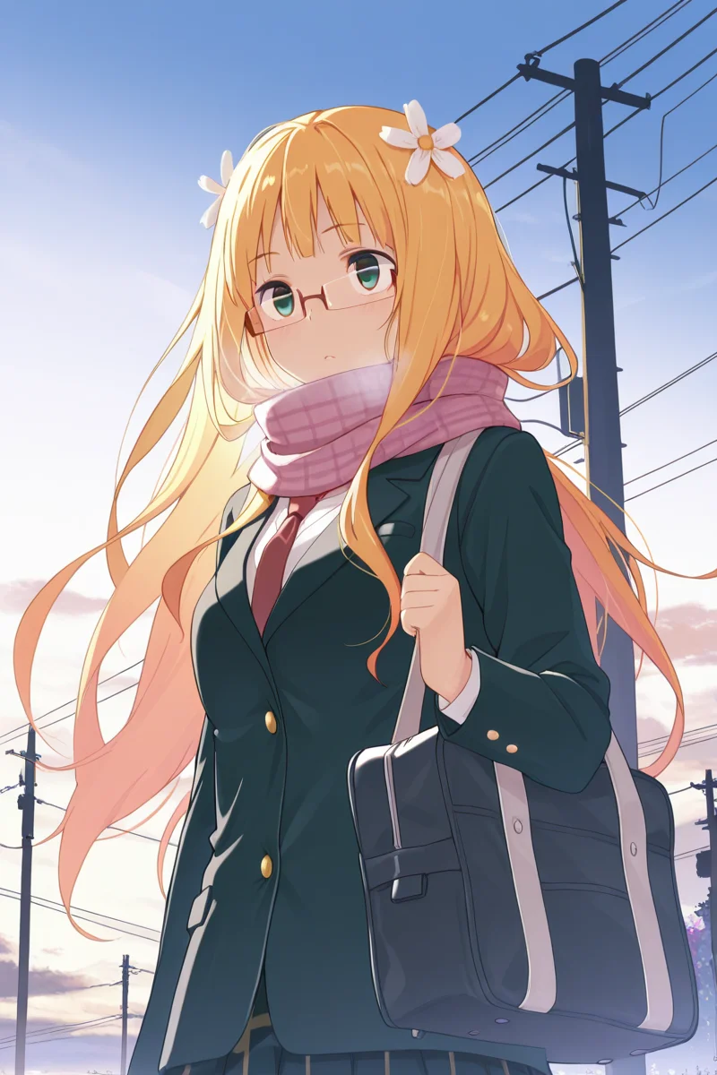 masterpiece, best quality, amazing quality,
<lora:Mitsuki_IL:1> mitsuki, 1girl, solo, long hair, glasses, hair ornament, scarf, school uniform, blazer, power lines, bag, necktie, hair flower, sky, green eyes, flower, blonde hair
