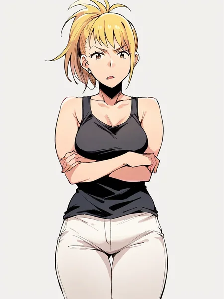 score_9, score_8_up, score_7_up,
1girl, haruka ms, bangs, ponytail, medium breasts, mature female, blonde hair,
frown, open mouth, looking at viewer, black tank top, white pants,
standing, crossed arms,
white background, solo,