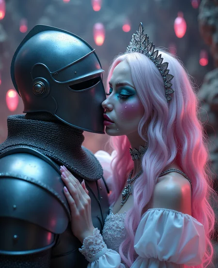 imagine an image in the style of cinematic photorealism. hyper realistic photo of a (female pastelgoth, heavy makeup kuddling with a Knight:1.9), crystal cavern with enchanted crystals, whimsical fantasy style concept, ultra sharp, exquisite detail, flawless composition, vivid colors, masterpiece, exciting background, realism, fluid colors, dreamy washes, delicate textures, organic shapes, atmospheric depth, romantic aesthetic, glowing hearts floating in the air