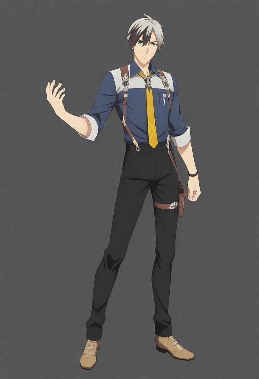 ludger will kresnik, 1boy, silver hair, dyed hair, green eyes, blue collared shirt, brown suspenders, thigh holster, black bracelet, yellow tie, brown shoes, black pants, standing, solo,