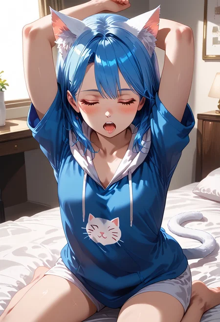 score_9, score_8_up, score_8, 1girl, Catgirl, slimes_aizome, solo, blue hair, white cat ears, white cat tail, heart eyes, oversized hoodie, kneeling on bed, waking up, closed eyes, arms up, stretching, highly detailed, dynamic angles, dynamic pose, yawns, Expressiveh, vivid colors