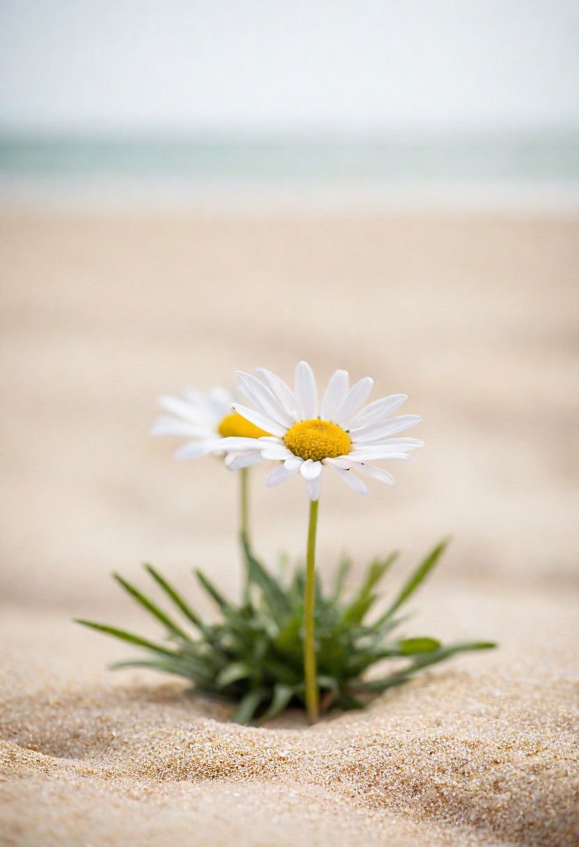 Bavarian ([Daisy:Daisies:2]:1.2) , Ceramic and Groovy, Rule of Thirds, Geeky beach, Hazy conditions, soft focus, Suffering, hard light, 50mm, professional, (sfw:1.1) <lora:picxer_real:0.8>