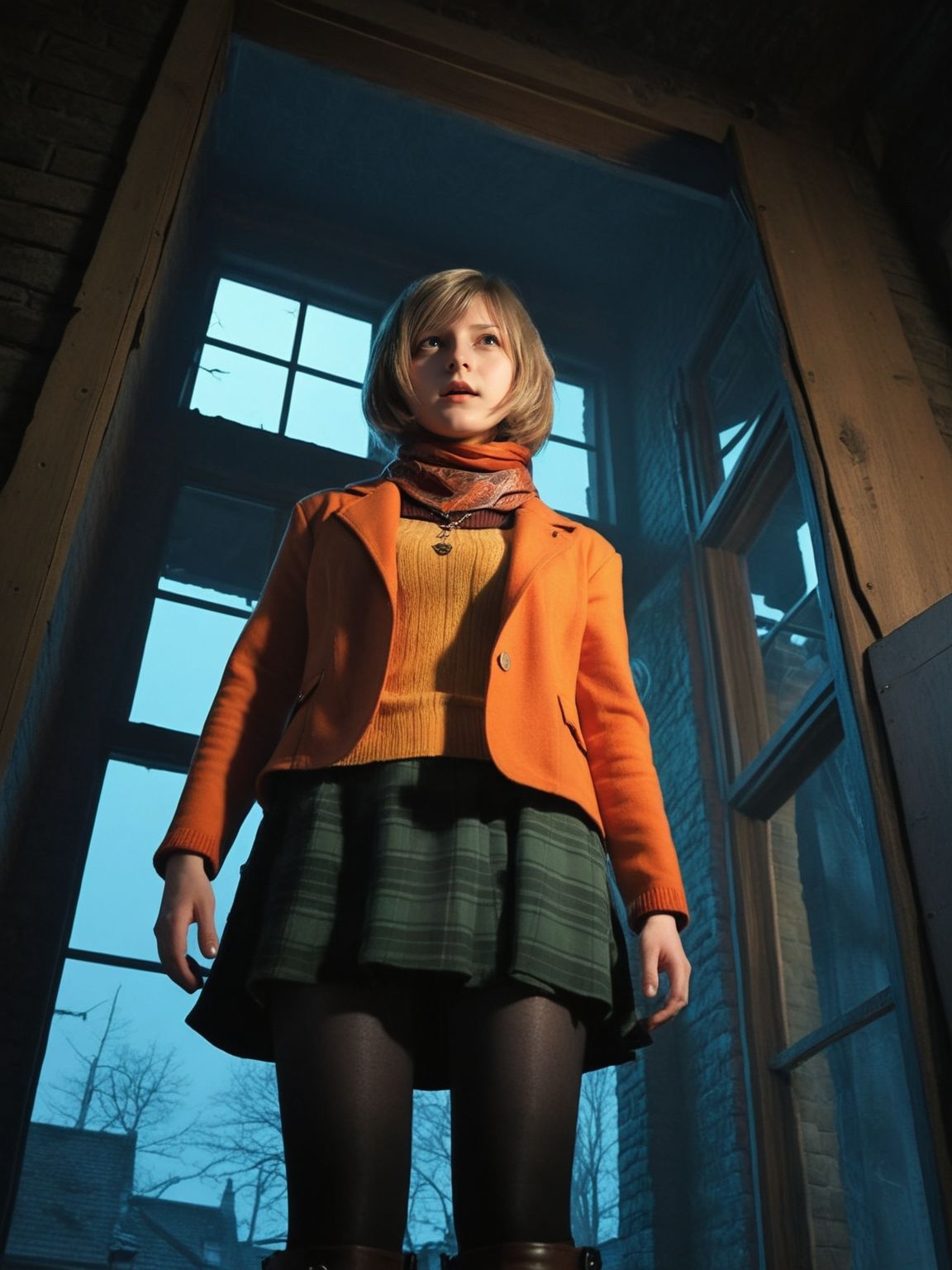 realistic,photo,cinematic,
<lora:Ella_Freya_v1_biglust:1>(ellfrya:1.2),orange jacket over sweater,adult,(ashl hair:1.2),scarf,black (pantyhose:1.2),long brown boots,green skirt,turtleneck,
none,night,inside,village outside window,from below,standing pose,scared
mystical,dystopian,horror \(theme\),resident evil 4 \(remake\), best quality,
