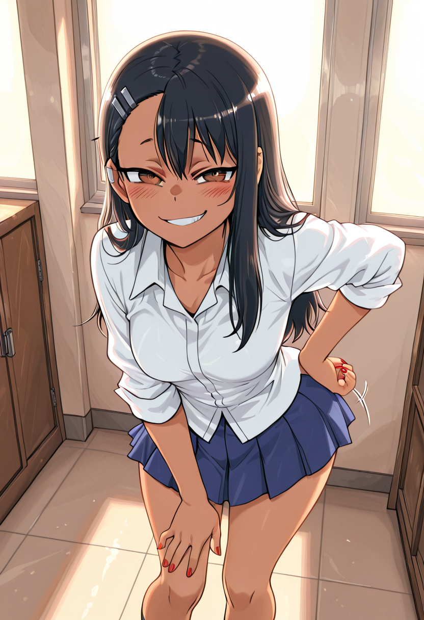 masterpiece, best quality, medium breasts, (curvy),    <lora:NagatoroNAI:0.8>,  zzNagatoro, skirt, shirt, school uniform, white shirt, pleated skirt, nail polish, blue skirt, red nails, earclip, school hallway, bright sunlight, smug expression, playful pose, warm atmosphere â Nagatoro leans casually against the lockers in the sunlit school hallway, her red-painted nails tapping rhythmically against the metal surface. The bright afternoon light filters through the windows, casting soft shadows across her neatly pressed blue pleated skirt and crisp white shirt. A mischievous smirk plays on her lips as she tilts her head, her earclip glinting slightly with the movement. With one hand on her hip, she leans forward just slightly, her teasing gaze locked onto her targetâready to pounce on their reaction with her signature playful banter.  <lora:CitronKuroStyle_IXL:1.0>,