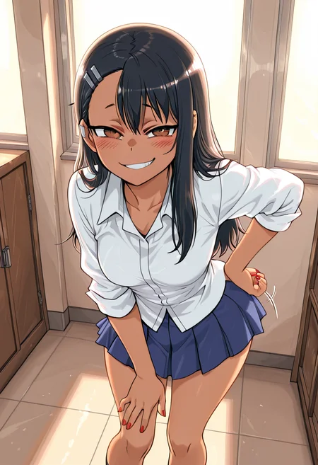 masterpiece, best quality, medium breasts, (curvy), <lora:NagatoroNAI:0.8>, zzNagatoro, skirt, shirt, school uniform, white shirt, pleated skirt, nail polish, blue skirt, red nails, earclip, school hallway, bright sunlight, smug expression, playful pose, warm atmosphere â Nagatoro leans casually against the lockers in the sunlit school hallway, her red-painted nails tapping rhythmically against the metal surface. The bright afternoon light filters through the windows, casting soft shadows across her neatly pressed blue pleated skirt and crisp white shirt. A mischievous smirk plays on her lips as she tilts her head, her earclip glinting slightly with the movement. With one hand on her hip, she leans forward just slightly, her teasing gaze locked onto her targetâready to pounce on their reaction with her signature playful banter. <lora:CitronKuroStyle_IXL:1.0>,