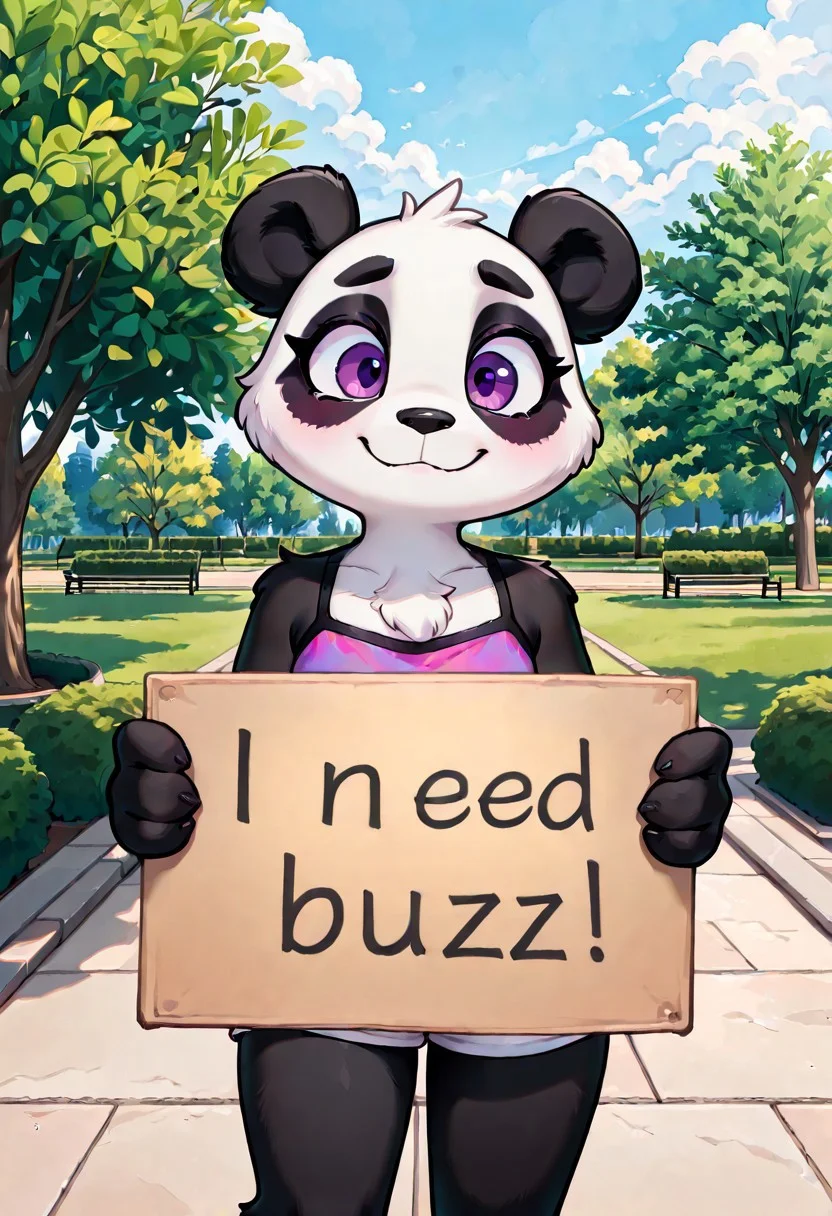 masterpiece,best quality,amazing quality,very aesthetic,high resolution,ultra-detailed,detailed background,absurdres,newest, high quality, detailed fur, 1girl, furry, anthro, panda, black and white fur, purple eyes, brightly colored clothes, park, daytime, camisole, pov, park, need_buzz, holding sign saying "I need buzz"