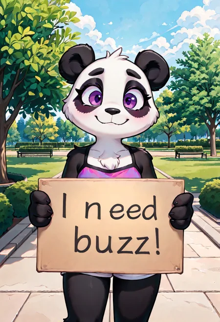 masterpiece,best quality,amazing quality,very aesthetic,high resolution,ultra-detailed,detailed background,absurdres,newest, high quality, detailed fur, 1girl, furry, anthro, panda, black and white fur, purple eyes, brightly colored clothes, park, daytime, camisole, pov, park, need_buzz, holding sign saying "I need buzz"