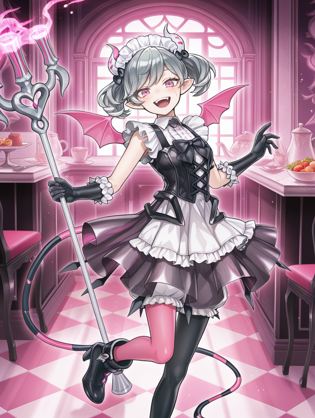 1girl, pink floating crystal, arianne the labrynth servant, tail raised, solo, open mouth, indoors, demon girl, smile, pink demon wings, looking at viewer, tea party, food, trident, fangs, teeth, holding trident, white maid headdress, black hair bow, black bowtie, black cross-laced corset, white frilled dress, black elbow gloves, asymmetrical legwear, scar across eye, black heel boots, official art, checkered floor, windows, pink theme, standing on one leg, white bloomers,
masterpiece,best quality,amazing quality,very aesthetic,absurdres,newest,<lora:Arianne and  Arianna the Labrynth Servant illusXL v1.1:0.75>,