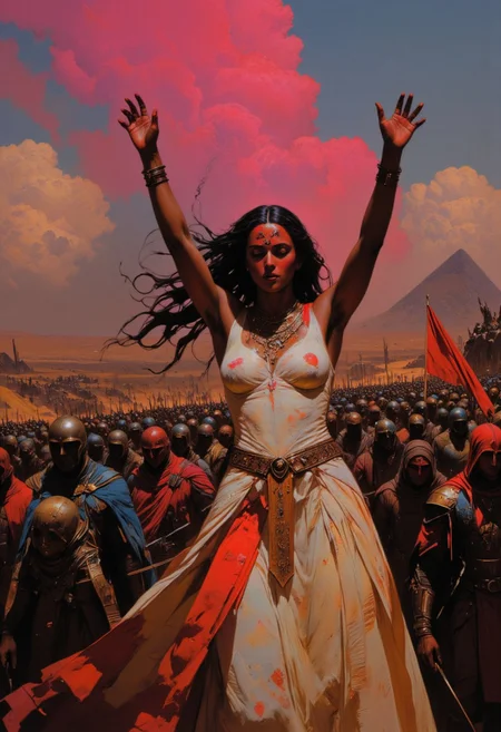 A highly detailed and hyper-realistic cinematic still inspired by the victorious Cleopatra: Cleopatra stands tall and triumphant, her posture exuding power and grace. She is dressed in a flowing, translucent white gown, swirling majestically in the desert wind. Her long, black hair falls over her shoulders as she raises both arms in a commanding gesture, victorious after a hard-fought battle. Behind her, a vast throng of her people follows, their heads bowed in reverence and loyalty, stretching far into the horizon. The pyramids loom in the distance, bathed in the golden glow of the setting sun, casting long shadows across the desert. vivid colors, pop art by night,
The battlefield beneath her feet is littered with the remnants of war—broken weapons, fallen banners, and scattered armor, but Cleopatra stands untouched, a symbol of strength. The air is heavy with the dust of battle, illuminated by the dim light filtering through the smoky sky. Her gaze is fixed forward, filled with determination and pride, as her people march behind her in silent respect. The cinematic lighting captures every detail, from the worn, weathered faces of her people to the shimmering fabric of her gown. The scene radiates an overwhelming sense of triumph, with vibrant colors blending into the soft oranges and pinks of the Egyptian twilight, immortalizing Cleopatra as both queen and conqueror.