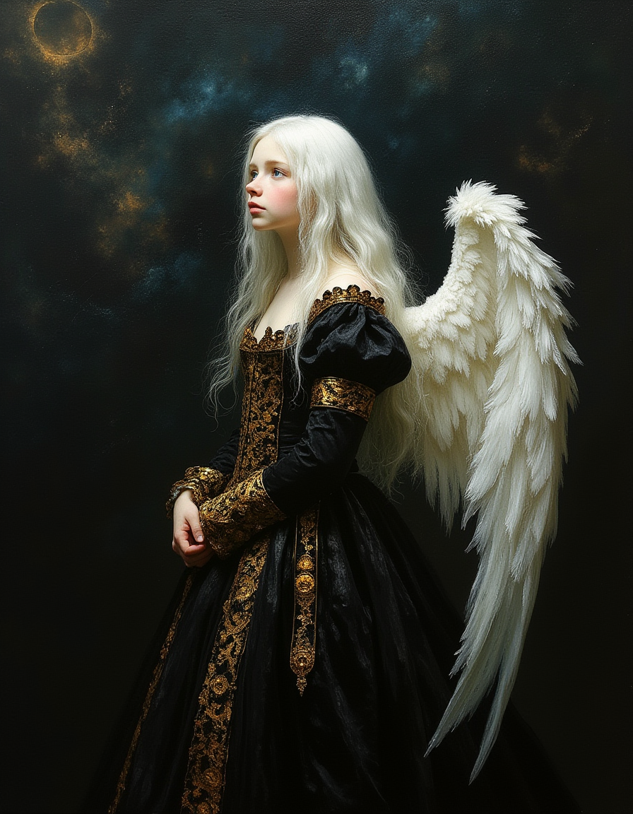 Minimalist painting of an albion teen female angel wearing an ornate black and gold dress by Albert Lynch, Abbott Handerson Thayer, highly detail, best quality, feathery white angel wings, high camera angle, standing in the center of a nebula, shy, corseted, bodice, crinoline, bustled, innocent, serene, white skin, pale skin, blue eyes, long flowing white hair, ultra detailed, romantic, brush strokes, focus on the girl, shadow and light, Masterpiece, intricate lines, intriguing atmosphere, sharp magnificent details, delicate features, elaborate details, (2\3 rule composition:0.5), ultra detailed, romantic, Rembrandt lighting, brush strokes,  del1cate_balance style, in the style of Rembrandt. vantablack <lora:style_of_Rembrandt_FLUX_135:.8> <lora:- Flux1 - vanta_black_V2.0:.6> <lora:Delicate_Balance:.3> <lora:neeeg_f1:-1>