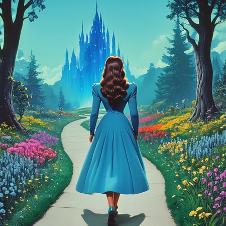 <lora:40sTechnicolorCyberpunkSDXL:1> ArsMovieStill, movie still from a technicolor 1940s cyberpunk film, The image shows a woman in a blue dress walking down a path surrounded by lush green grass vibrant flowers and tall trees. The sky is visible in the background creating a magical atmosphere reminiscent of the classic movie The Wizard of Oz., 1girl, solo, dress, long hair, flower, outdoors, nature, tree, braid, from behind