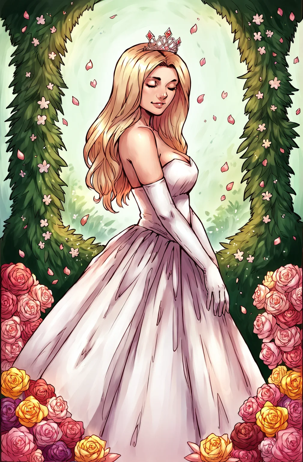 score_9,score_8_up,score_7_up,score_6_up,score_5_up,score_4_up rating_safe, witchyset51, 1girl,solo,long hair,breasts,smile,blonde hair,gloves,dress,bare shoulders,standing,closed eyes,flower,elbow gloves,white gloves,white dress,from side,petals,strapless,tiara,crown,pink dress,strapless dress,pink flower,wedding dress,long dress,gown <lora:dskartponyxl:0.8> Duskfallcrew Art Style
