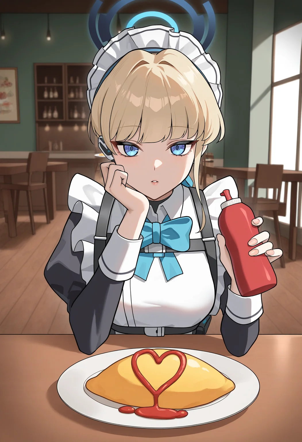 very awa, masterpiece, best quality, year 2024, newest, absurdres, highres, 1girl, toki \(blue archive\), <lora:Illustrious_Anteiru_Style:0.714285>, solo, holding, ketchup bottle, food, heart, omurice, maid, blue eyes, lips, parted lips, expressionless, looking at viewer, pov across table, indoors, cafe, table, chair, window, urban