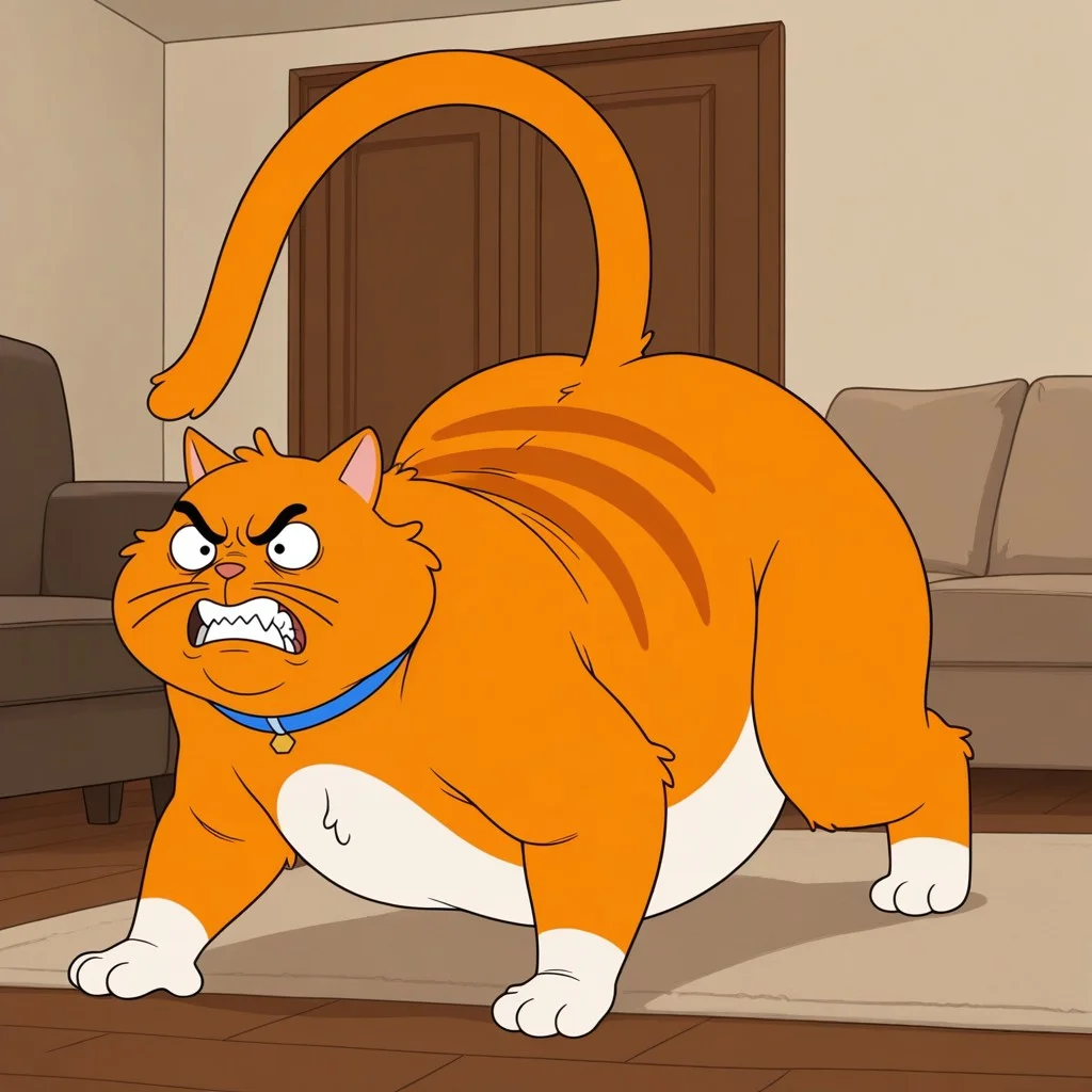 masterpiece, best quality, amazing quality, chico, feral, furry male, solo, orange fur, white fur, two-tone fur, striped fur, black eyes, black eyebrows, whiskers, pink nose, long tail, 
paw pads, fat, blue collar, on all fours, angry, snarling, teeth, indoors, living room,