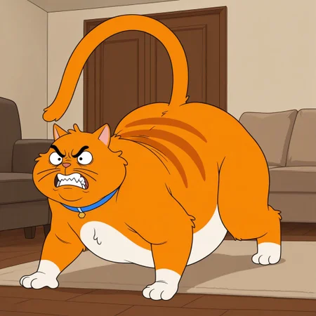 masterpiece, best quality, amazing quality, chico, feral, furry male, solo, orange fur, white fur, two-tone fur, striped fur, black eyes, black eyebrows, whiskers, pink nose, long tail, 
paw pads, fat, blue collar, on all fours, angry, snarling, teeth, indoors, living room,