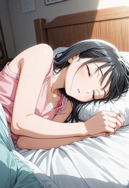 solo, woman, komichi_akebi, black hair, pink tank top, sleeping, bed, room, high quality, best quality, masterpiece, 4k resolution, anime
