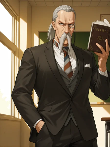 zPDXL2,detailed,perfect anatomy,masterpiece,high quality,best quality,highres,half_body,aesthetic,solo,classroom,teaching,full-length portrait,looking at viewer,holding_book,standing,
henderson,(mustache:1.5),grey hair,black eyes,monocle,ponytail,(old:1.3),old man,necktie,suit,jacket,shirt,
male focus,muscular,big pecs,broad shoulders,thick thighs,
<lora:NOOB_vp1_detailer_by_volnovik_v1:1>,<lora:Henderson_IL:1>,<lora:DarkSideOfDiscovery_Style_V1.1_ILXL:0.3>,