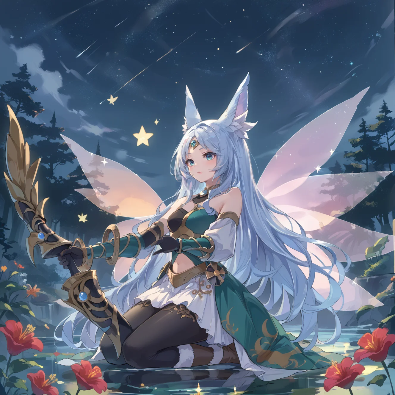 (score_9:0.9),score_8_up,score_7_up,rating_safe,anime style,(zPDXL),<lora:Apollousa, Bow of the Goddess ponyXL v1:0.76>,apollousa bow of the goddess,1girl,solo,fairy wings,silver bow \(weapon\),kneeling,holding bow \(weapon\),outdoors,star,(sky),black elbow gloves,forehead jewel circlet,green dress,