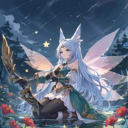 (score_9:0.9),score_8_up,score_7_up,rating_safe,anime style,(zPDXL),<lora:Apollousa, Bow of the Goddess ponyXL v1:0.76>,apollousa bow of the goddess,1girl,solo,fairy wings,silver bow \(weapon\),kneeling,holding bow \(weapon\),outdoors,star,(sky),black elbow gloves,forehead jewel circlet,green dress,