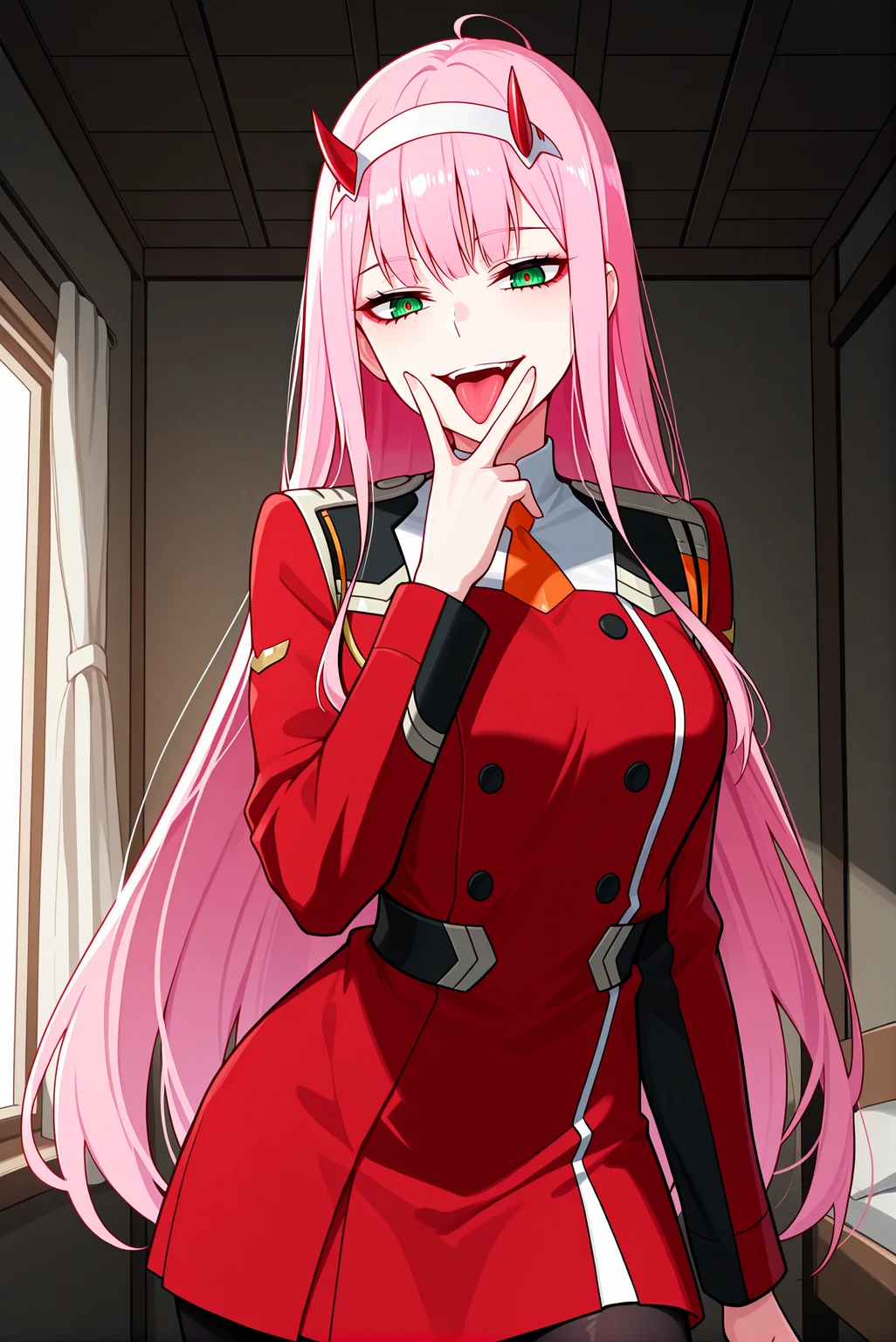 beautiful detailed eyes, masterpiece, best quality, intricate details, absurdres, 1girl, solo,
<lora:P-IL-ZeroTwo:1>, z3r0tw0, very long hair, pink hair, straight hait, horns, white hairband, bangs, very long hair, green eyes,
c4su4l, black pantyhose, uniform, orange necktie, military uniform, red dress,
medium breasts, evil smile, mascara, eyelashes, parted lips,
open mouth, tongue out,
cunnilingus gesture,
standing,
metallic_dormitory, sleek_steel_walls, bunk_beds, dim_neon_lights, plantation_vibe,
