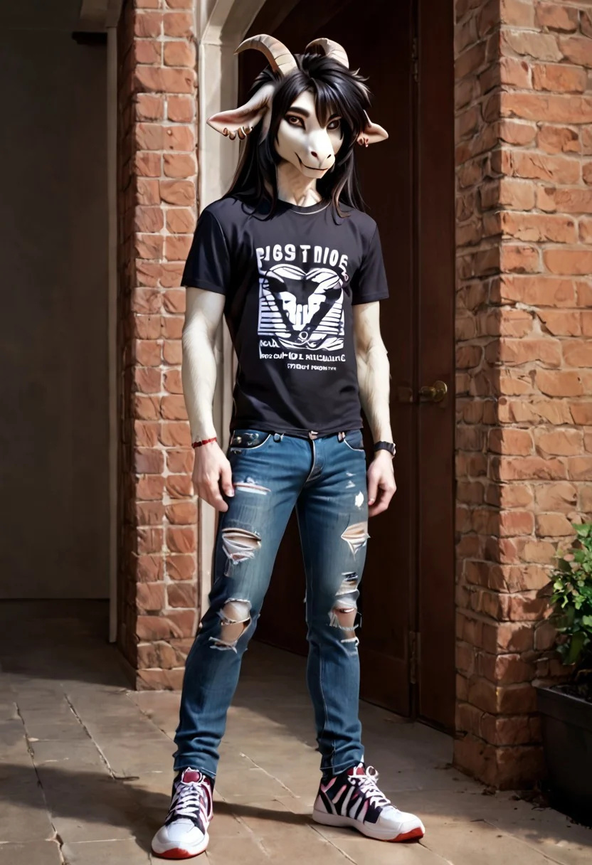 score_9, score_8_up, score_7_up, score_6_up, high res, detailed background, detailed face, detailed mouth, high detail, (furry, fluffy), slim body, full body, male, (((1boy, solo))), goat, black hair, long hair, brown eyes, looking at viewer, black T-shirt, torn jeans, goat horns, smile, nose piercing, ear piercing, goat tail, paws, slim figure, sneakers