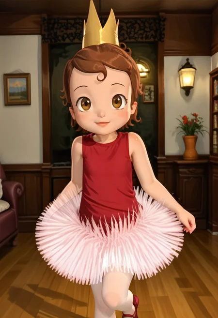 (masterpiece)+, 8k, best quality, ultra-detailed, (high res), cinematic lighting, beautiful lighting, high quality, studio quality, detailed, insanely detailed, extreme detail, refined detail, perfect detail, max detail, smooth lighting, detailed background, hyper detailed body, beautiful lighting, vibrant lighting, global illumination, absurdres, high-res, dynamic lighting, h4nnah, 1girl, solo, brown hair, ballerina, short hair, dress, pantyhose, white pantyhose, tutu, Expressiveh, aerozerorisk, 1girl, solo, solo focus, looking at viewer, standing, cowboy shot, (closed mouth), happy, cute, kawaii, indoors, living room, daylight, sunshine, Halloween decorations, Halloween costume, (princess ballerina costume), (gold crown), brown hair, brown eyes, red shirt, pink tutu