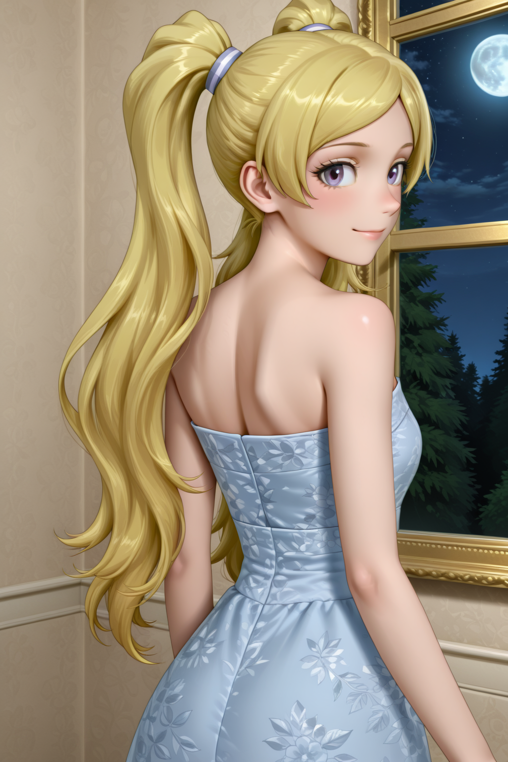 masterpiece, best quality, amazing quality, 1girl, solo, makeup, perspective, general, looking at viewer, cowboy shot, (anime screencap), blush, from behind, looking back, moon, window, serene smile, ballroom, <lora:Emily_Stewart_Million:1>, Emily_Stewart_Million, blonde hair, long hair, twintails, purple eyes, breasts, parted bangs, <lora:floral print sleeveless strapless long tube dress104032142an:0.7>, floral print sleeveless strapless long tube dress, blue dress, hair ribbon, <lora:wai-2Rectified-V140:1>, <lora:illustrious_noobai_epsilon_pred_1_masterpieces_v1:1>