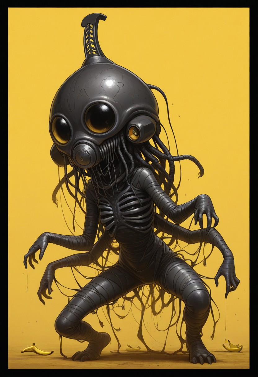 1girl, masterpiece, best quality, amazing quality, aliens, invade, beat it, extraordinary, very complex, banana yellow background, border lines,