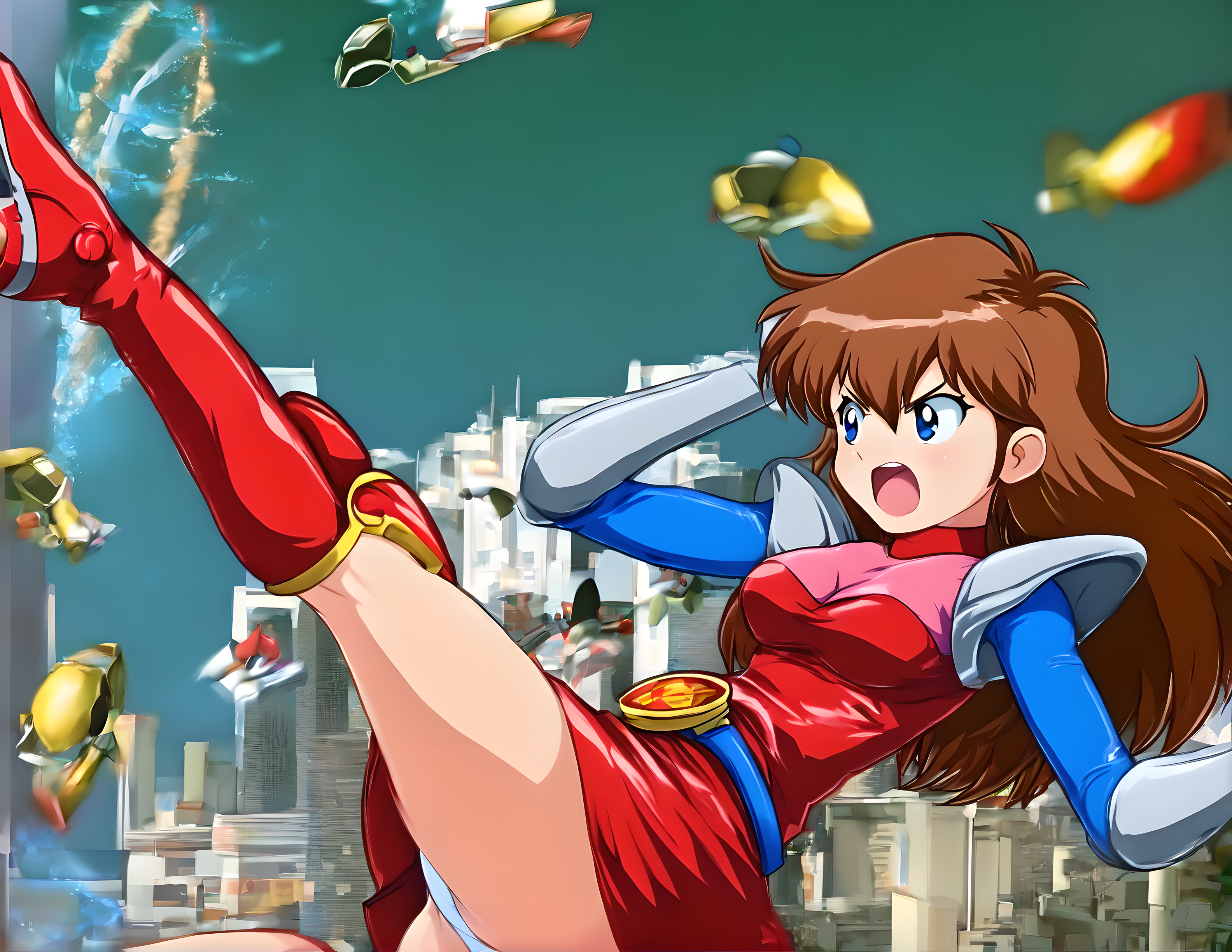 <lora:pony_xl_momo>,momo,1girl,solo,masterpiece,best quality,super fine illustration,bodysuit,short dress,red dress,belt,miniskirt,red skirt,shoulder armor,white gloves,red footwear,knee boots,open mouth,serious,in battle,city,cityscape,devastated city,dusk,gradient_sky,high_kick,pantyshot,white panties,kicking,surrounded by enemy robots,enemies,robots,hordes of enemies,