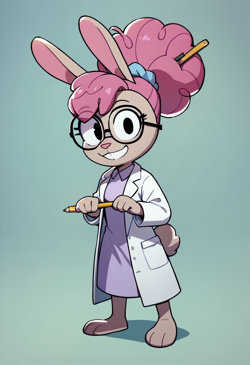 score_9, score_8_up, score_7_up BREAK DrAnnabelle, 1girl, anthro bunny, light brown fur, pink nose, pink curly hair, ponytail, pencil stuck in hair, light purple scrunchie, black eyes, glasses, white lab coat, light purple undershirt, full body, smiling at viewer,