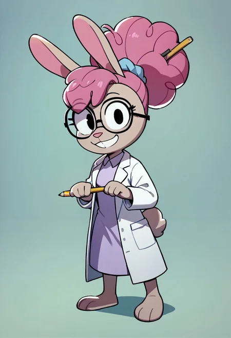 score_9, score_8_up, score_7_up BREAK DrAnnabelle, 1girl, anthro bunny, light brown fur, pink nose, pink curly hair, ponytail, pencil stuck in hair, light purple scrunchie, black eyes, glasses, white lab coat, light purple undershirt, full body, smiling at viewer,