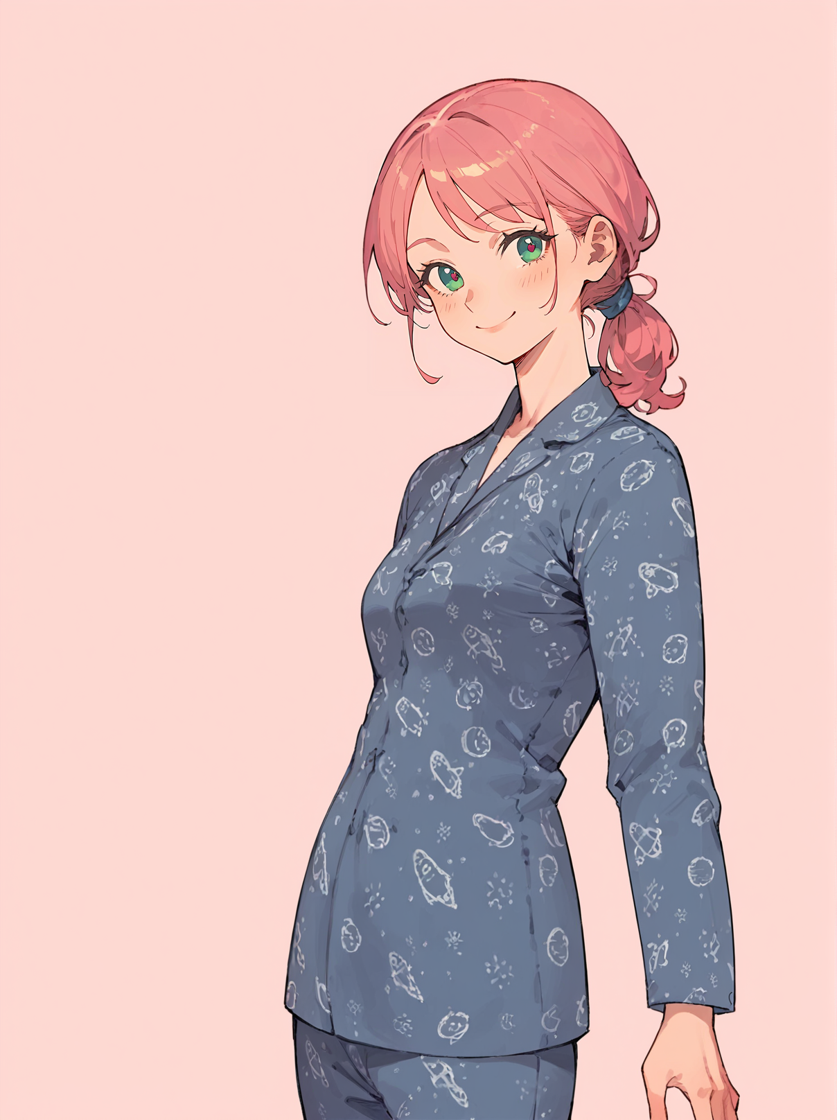 score_8_up, score_7_up, score_6_up, source_anime, 1girl, solo, simple background, pink background,
standing, pose, contrapposto, arched back, cowboy shot, facing viewer
smile, 
<lora:Space_Vector_Pajamas:1>
blue pajamas, long sleeves, pants