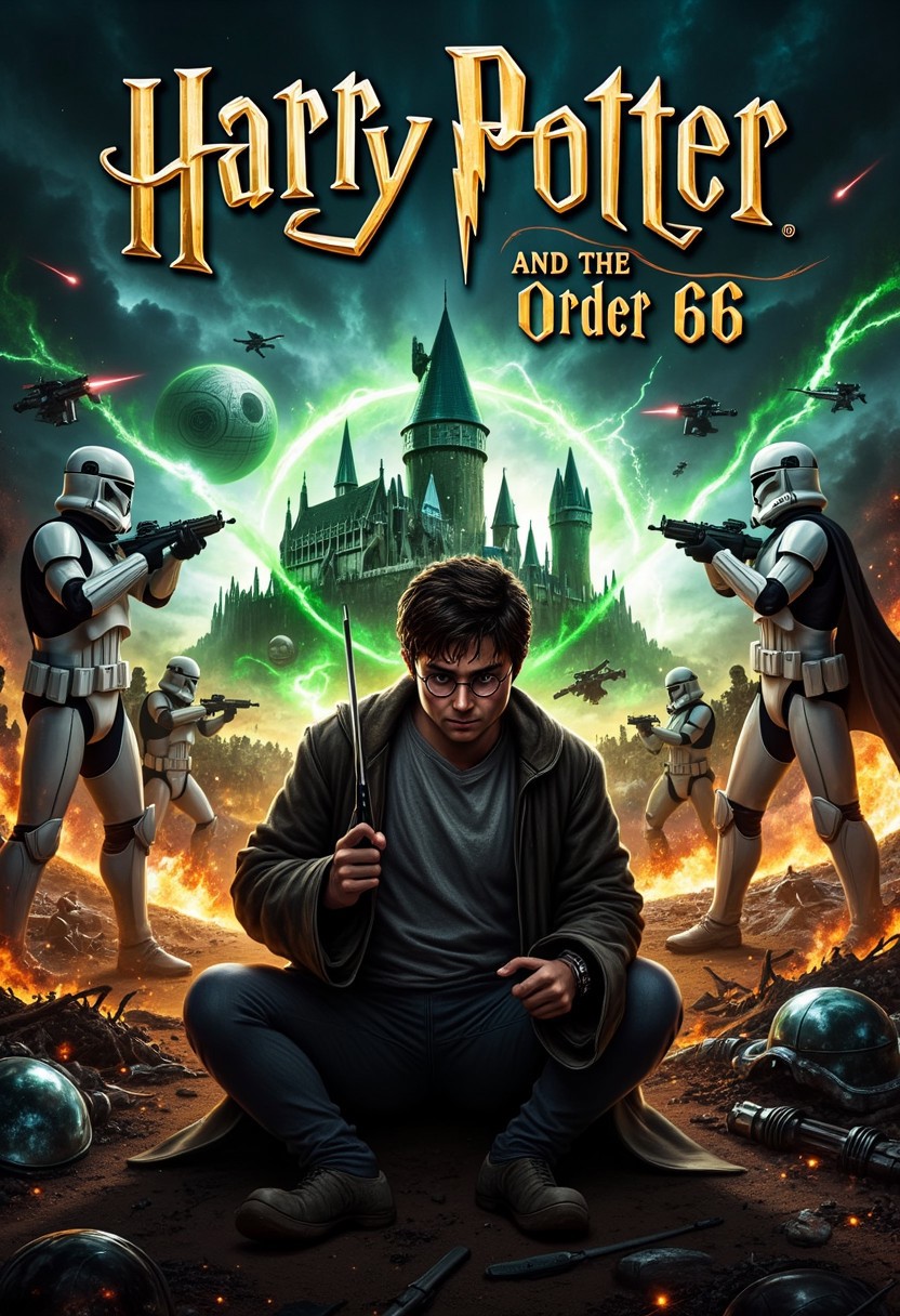 book_cover, title "Harry Potter and the Order 66" is written in large, ornate golden letters, glowing against the dramatic background. In the foreground, Harry Potter kneels, holding his wand firmly in his hand, his face set in a determined expression, He’s battle-worn, with cuts and dirt on his face, his Hogwarts robes torn and tattered. Behind him, two clone troopers in pristine white armor stand tall, their blasters raised and aimed at Harry, their menacing presence heightened by their blank visors. In the background, an epic battlefield stretches out beneath a dark, stormy sky. The iconic Hogwarts Castle is partially in ruins, its towers crumbling under siege. Smoke rises from the destruction, and fiery explosions erupt in the distance. Hovering above, the ominous Death Star fires a massive, glowing green laser directly at Hogwarts, illuminating the landscape with an eerie green light. Scattered across the field are the remnants of fallen wizards, broken wands, and clone troopers’ helmets, adding to the scene's devastation. Magical spells and blaster fire light up the horizon, creating a surreal clash of worlds. Flying debris, sparks, and energy blasts fill the air, intensifying the battle-ravaged backdrop, as the two universes collide in a spectacular display of chaos and conflict.