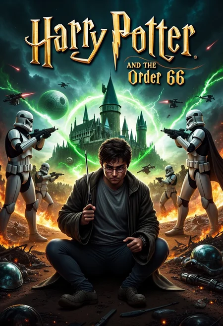 book_cover, title "Harry Potter and the Order 66" is written in large, ornate golden letters, glowing against the dramatic background. In the foreground, Harry Potter kneels, holding his wand firmly in his hand, his face set in a determined expression, He’s battle-worn, with cuts and dirt on his face, his Hogwarts robes torn and tattered. Behind him, two clone troopers in pristine white armor stand tall, their blasters raised and aimed at Harry, their menacing presence heightened by their blank visors. In the background, an epic battlefield stretches out beneath a dark, stormy sky. The iconic Hogwarts Castle is partially in ruins, its towers crumbling under siege. Smoke rises from the destruction, and fiery explosions erupt in the distance. Hovering above, the ominous Death Star fires a massive, glowing green laser directly at Hogwarts, illuminating the landscape with an eerie green light. Scattered across the field are the remnants of fallen wizards, broken wands, and clone troopers’ helmets, adding to the scene's devastation. Magical spells and blaster fire light up the horizon, creating a surreal clash of worlds. Flying debris, sparks, and energy blasts fill the air, intensifying the battle-ravaged backdrop, as the two universes collide in a spectacular display of chaos and conflict.