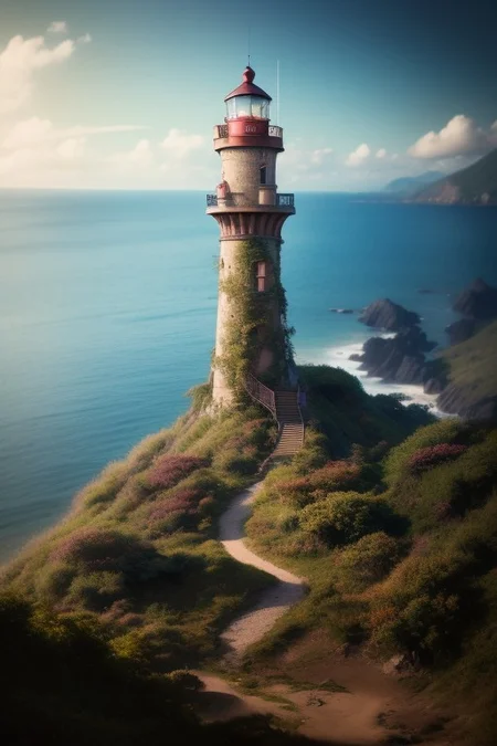 realistic analog photo, award winning photo, vary wide shot of magic stone witow tower:1.3, (Military watchtower repurposed as a lighthouse), scenery,  fantasy, hills, dirt road, ocean, sea, nature, outdoors, RAW, highres, 8k, uhd, High Dynamic Range, tonemapping, crisp details,