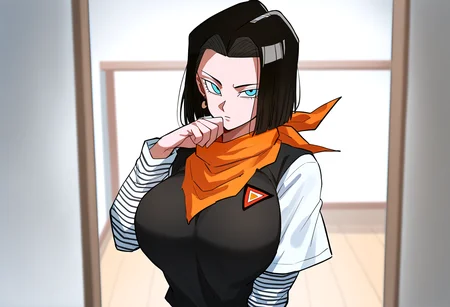 very awa, masterpiece, best quality, year 2024, newest, highres, absurdres, <lora:age_slider_v4:3> <lora:thicc_v1.4-pony:1.2>,detailed_background,indoors,layered sleeves,dragon ball,solo,kometubu0712,black shirt,bandana,looking at viewer,highres,genderswap \(mtf\),upper body,arm up,orange bandana,1girl,black hair,bandana around neck,dragonball z,short sleeves,blue eyes,closed mouth,hand to own mouth,white shirt,long sleeves,android 17,shirt,genderswap,short over long sleeves