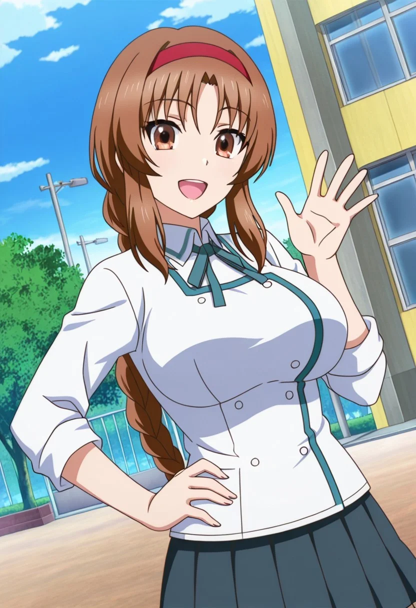 general,highres, ultra-detailed,very aesthetic,best quality ,best hands,best eyes,easynegative,
dynamic anglre, dutch angle, anime cloring,anime screencap,
1girl solo,looking at viewer,smile,open mouth,hand on hip,school,outdoors,waving hand,
Takao,brown_hair,brown_eyes, huge_breasts, long braid,red hairband,school uniform,