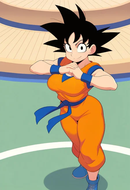 masterpiece, best quality, amazing quality, very aesthetic, absurdres, anivrec, ((solo focus:1.2)), ((1girl)), light skin, black eyes, short hair, black hair, spiked hair, blue dougi, blue footwear, orange dougi, medium breasts, perfectly round breasts, looking at viewer, confident smile, cracking knuckles, standing, ((outdoors)), ((tournament arena backdrop))