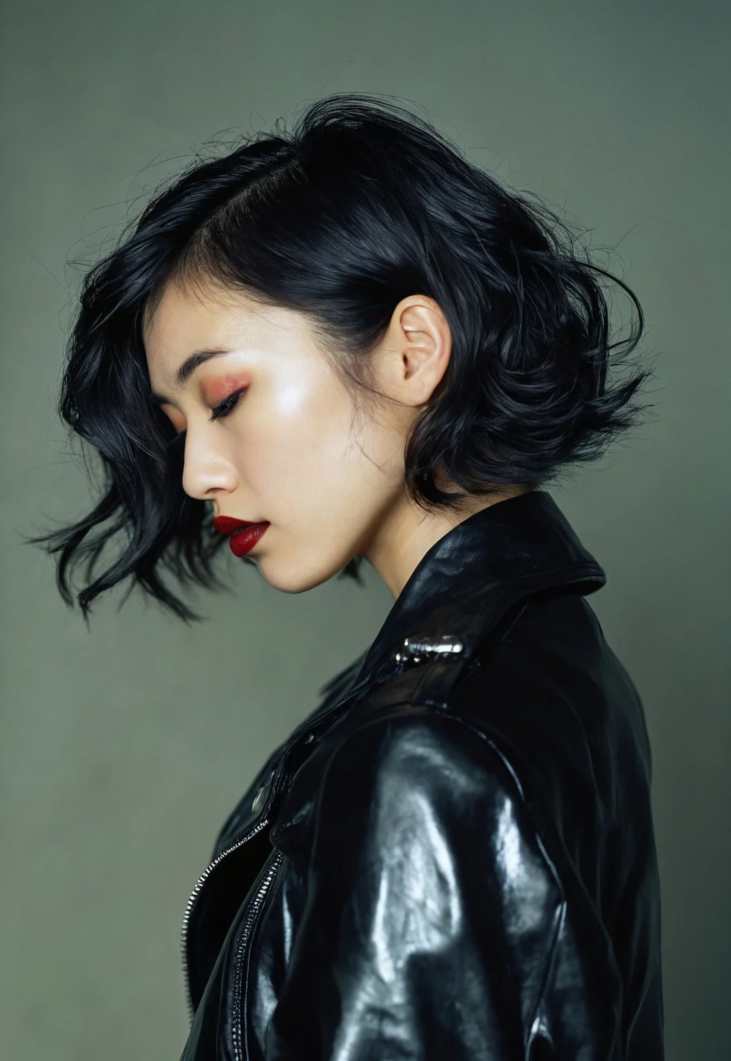 shot on Nikon F3, Close-up portrait, 28 years old badass looking slim japanese girl, side view, sharp jawline, black wavy short hair, pale glowing skin, deep red lipstick, wearing black leather jacket, Dynamic pose, soft highlights Glow, soft natural lighting, dim dark-ish background, Superia Xtra 400 Film, film emulation, 35mm film, grainy, halation, Bloom, high dynamic range, film photography, 23mm focal length, iso 100, f/2.8, (sharp details, high quality, 4k, intricate details, highly-detailed)