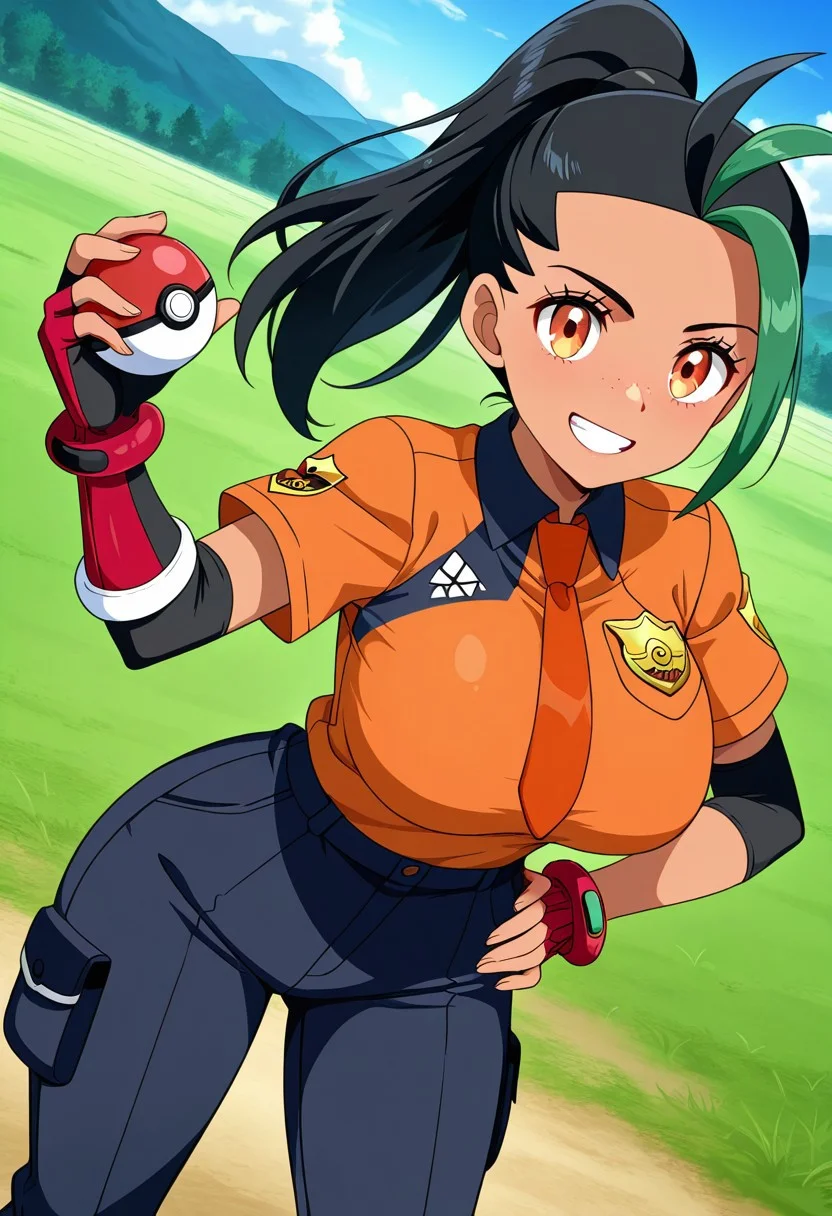 general,highres, ultra-detailed,very aesthetic,best quality ,best hands,best eyes,easynegative,
dynamic anglre, dutch angle, anime cloring,anime screencap,
1girl solo,looking at viewer,smile,hand on hip,holding poke ball,meadow,teeth,
Nemona,huge_breasts, amber eyes, black hair, ponytail, green ahoge,shirt,pants,