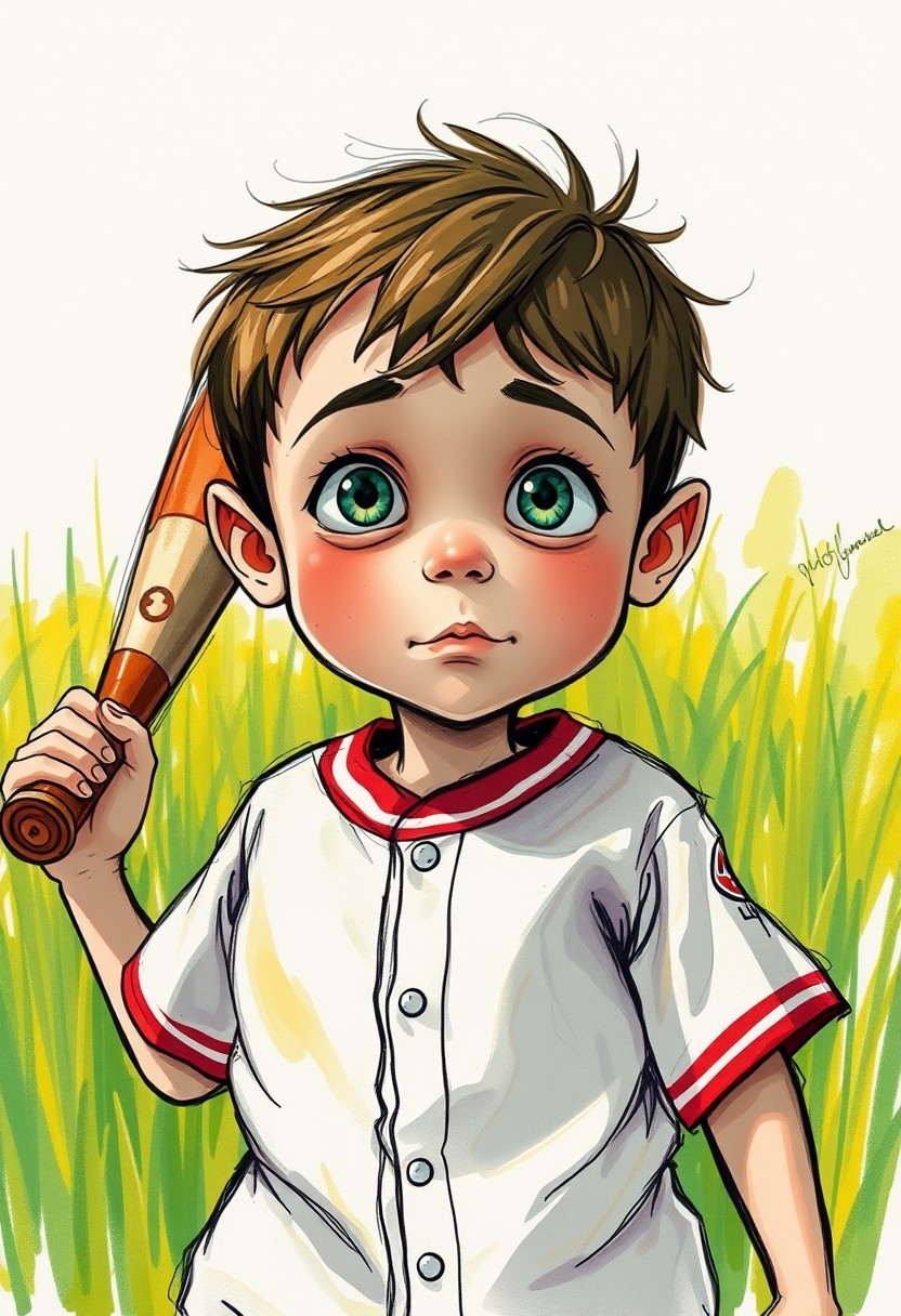 A big-eyed little boy, wearing an oversized baseball shirt, playing baseball in a field of grass. Colorful sketch with uneven coloring, with streaks of paint, by Benjamin Lacombe, Jon Klassen, and Mac Barnett. Perfect composition, masterpiece, aesthetics. Hyperrealistic, splash art, concept art, mid shot, intricately detailed, color depth, dramatic, 2/3 face angle, side light, colorful background detailed matte painting, deep color, fantastical, intricate detail, splash screen, complementary colors, fantasy concept art.