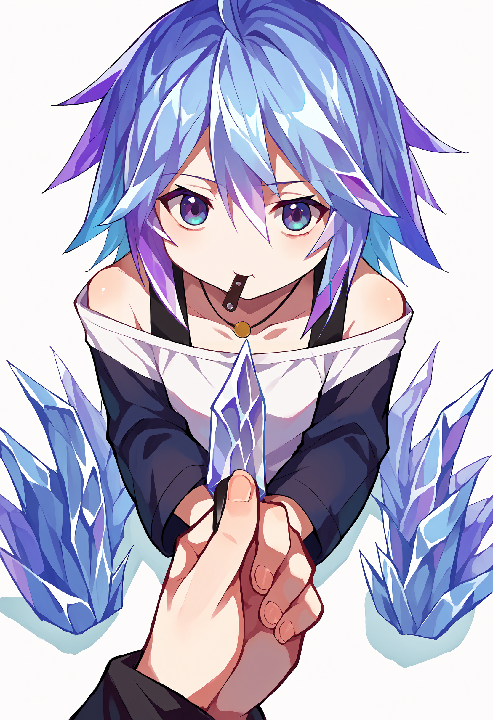 score_9, score_8_up, score_7_up, source_anime, godoacrime, from above, chibi:1.2, pov, holding knife, hand, ice, ice-mizore, multicolored hair, ice hair, mouth hold, tank top, off-shoulder longsleeve shirt, ice hands, <lora:Degen_Mizore_v3:.95> simple background,  <lora:goDoACrimeMemeDora_v10:1>