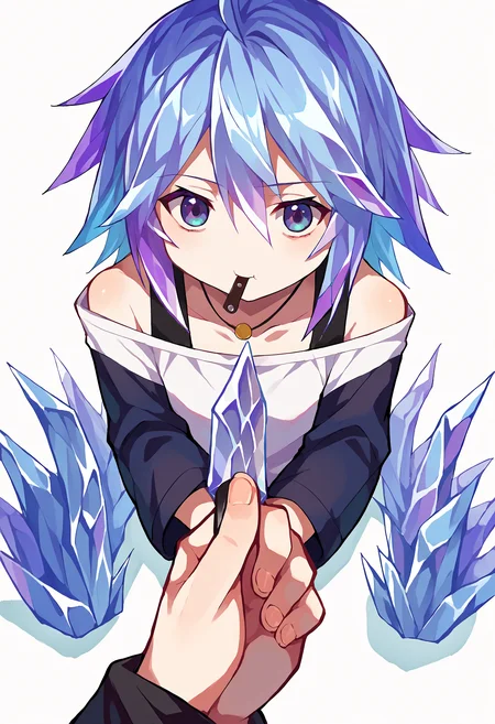 score_9, score_8_up, score_7_up, source_anime, godoacrime, from above, chibi:1.2, pov, holding knife, hand, ice, ice-mizore, multicolored hair, ice hair, mouth hold, tank top, off-shoulder longsleeve shirt, ice hands, <lora:Degen_Mizore_v3:.95> simple background, <lora:goDoACrimeMemeDora_v10:1>