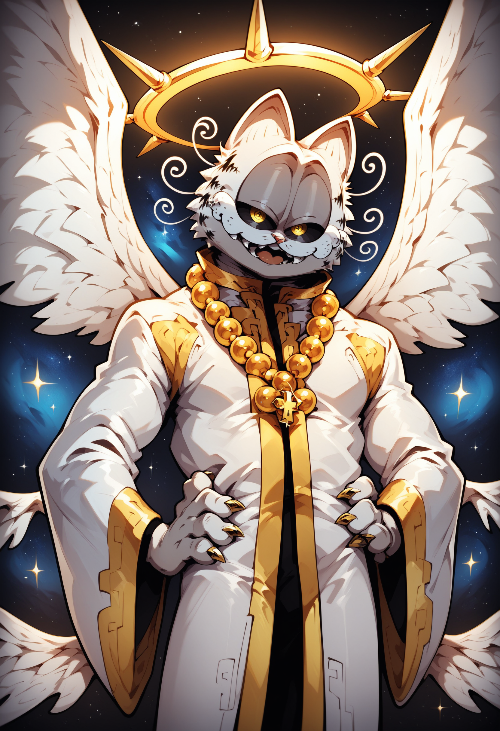 <lora:godfield_v3_PDXL_Mlaofmd-10:1.0>, score_9, score_8_up, score_7_up, score_6_up, masterpiece, best quality, newest, absurdres, highres, perfect anatomy, 1boy, godfield, halo, white fur, facial tuft, cat ears, black sclera, yellow eyes, whiskers, wings, seraph, white wings, robe, white robe, cross, prayer beads, beads, beads necklace, smile, fangs, hand on hip, head tilt, looking at viewer, galaxy, starry, space,
