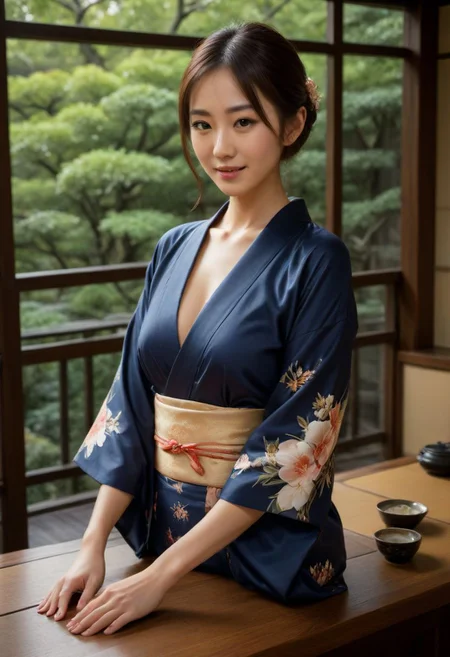 From frontal below :1.3,(dark background:1.3),(posing behind wood table:1.631),(restaurant at ryokan:1.2),(Japanese tea cups and ((sukiyaki ))on table:1.63),((sukiyaki :1.5)),(beautiful real texture :1),smile face:1,(royal),10k,(real skin texture:1),high resolution,(one 32 years old elegant Japanese woman wearing in jyuban and colored long kimono:1.2), (looking at garden :1.4),exquisite face:1,(163cm tall:1),(fine wrinkle :1.),(detailed innocent girls face:1.), NegfeetV2,(dazzling expression:1.54),(small single chignon:1), (only (one side )breast out:1.654)